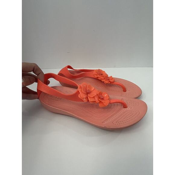 Crocs Serena Embellish Flower Iconic Footbed T Strap Sandals Women’s Sz 8 Orange - Picture 1 of 6